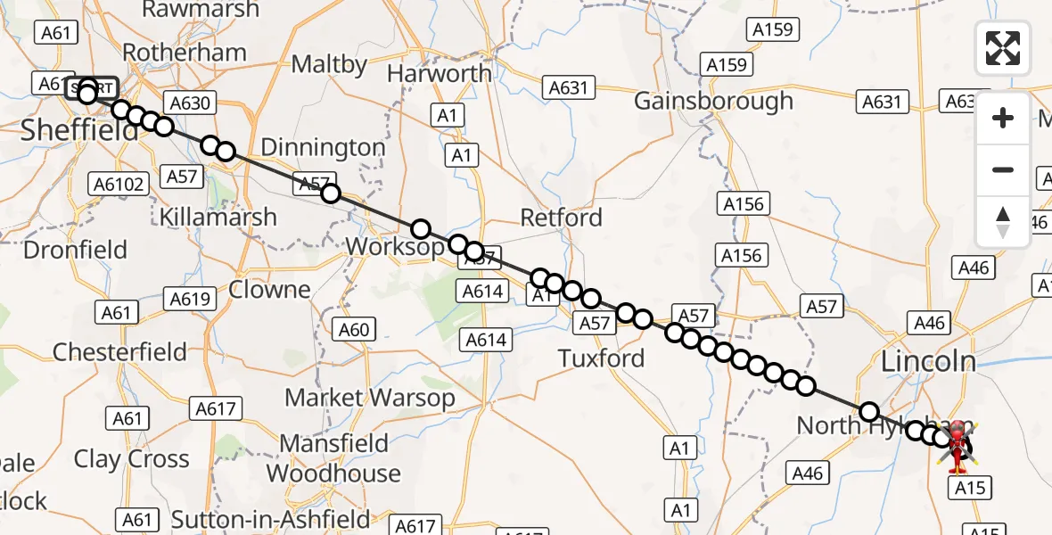 Flight route Air Ambulance Helicopter Sheffield Northern Hospital - North Kesteven, 28 August 2026, 19:56