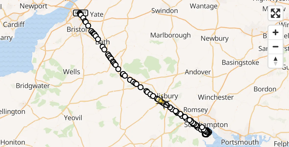 Flight route Police Helicopter Almondsbury Helicopter Base - Nunton, 28 August 2026, 19:58
