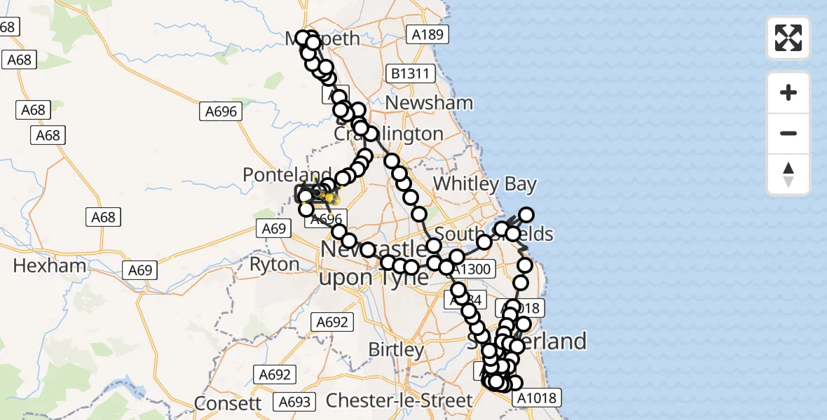 Flight route Police Helicopter Newcastle International Airport - Newcastle International Airport, 28 August 2026, 20:13