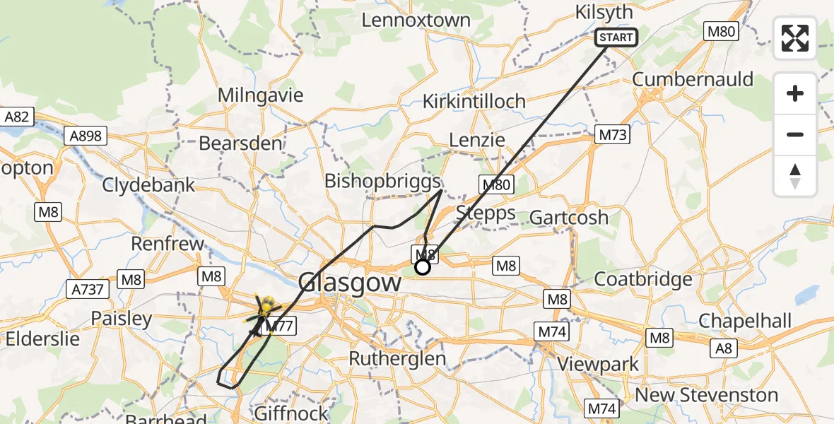 Flight route Police Helicopter Auchinstarry - Glasgow, 28 August 2026, 20:24