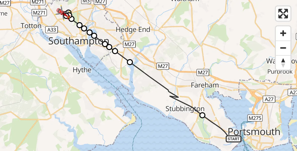 Flight route Air Ambulance Helicopter Gosport - University Hospital Southampton, 28 August 2026, 20:25