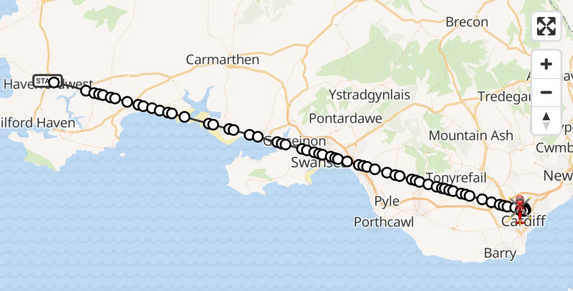 Flight route Air Ambulance Helicopter Haverfordwest - Gabalfa, 28 August 2026, 20:48