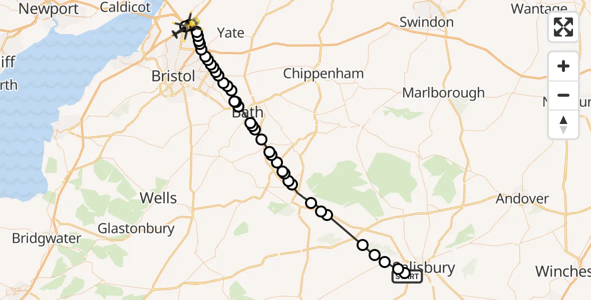 Flight route Police Helicopter Salisbury - Almondsbury Helicopter Base, 28 August 2026, 21:08