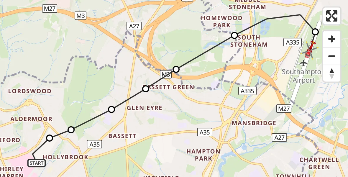 Flight route Air Ambulance Helicopter University Hospital Southampton - Southampton Airport, 28 August 2026, 21:25
