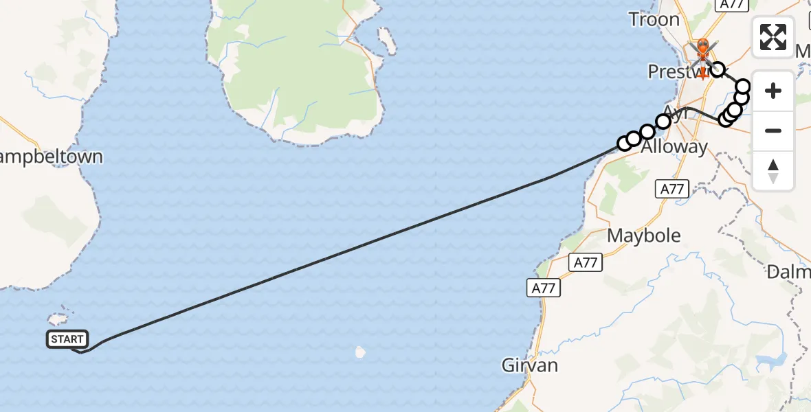Flight route Coastguard Helicopter Inner Seas - Glasgow Prestwick Airport, 28 August 2026, 21:34