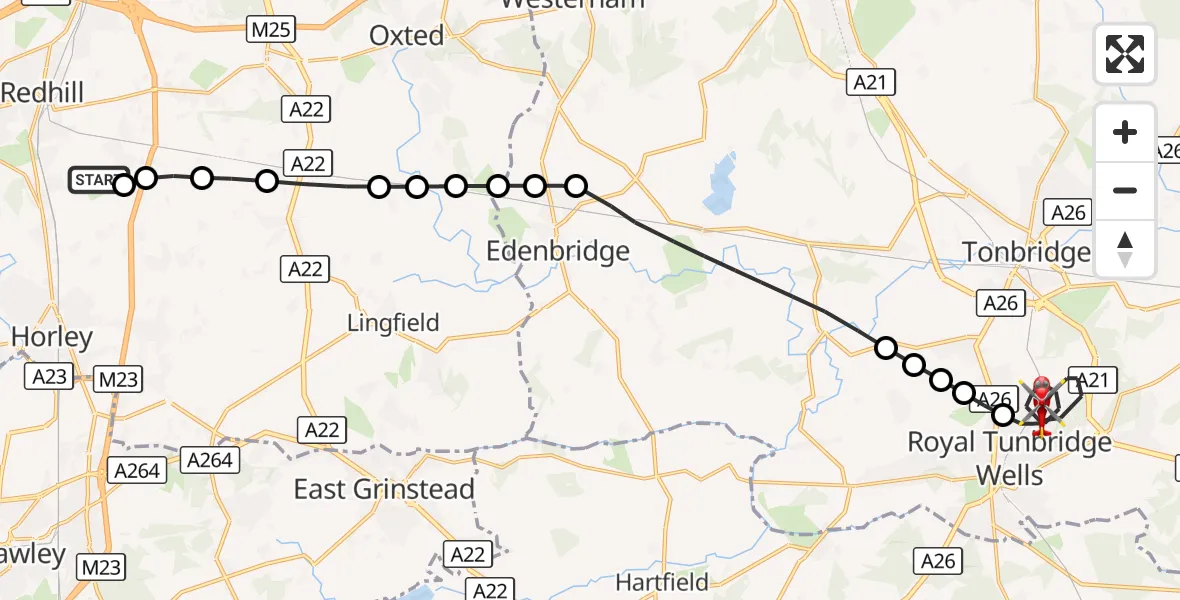Flight route Air Ambulance Helicopter Redhill Aerodrome - Royal Tunbridge Wells, 28 August 2026, 21:58