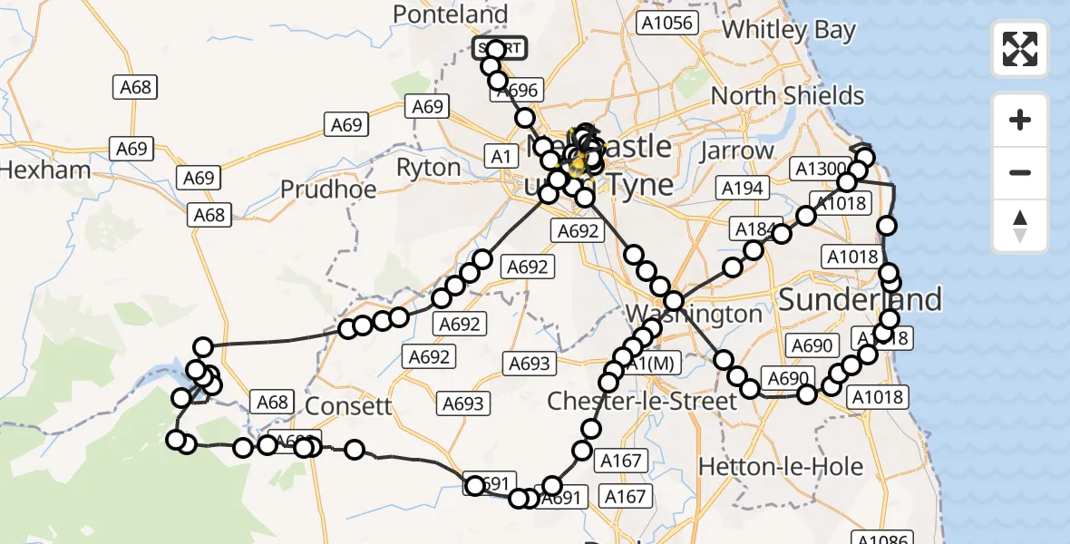 Flight route Police Helicopter Newcastle International Airport - Haymarket, 28 August 2026, 22:18