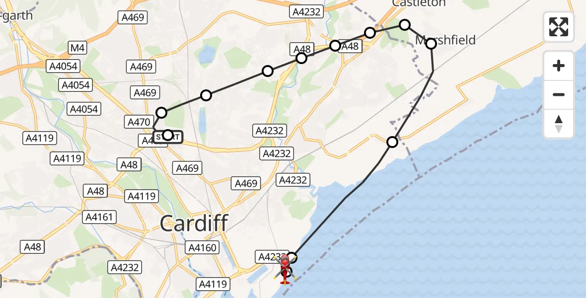 Flight route Air Ambulance Helicopter Birchgrove - Cardiff Heliport, 28 August 2026, 22:24