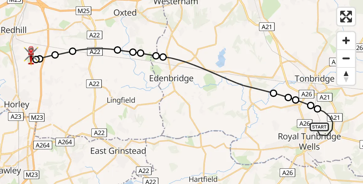 Flight route Air Ambulance Helicopter Royal Tunbridge Wells - Redhill Aerodrome, 28 August 2026, 22:43