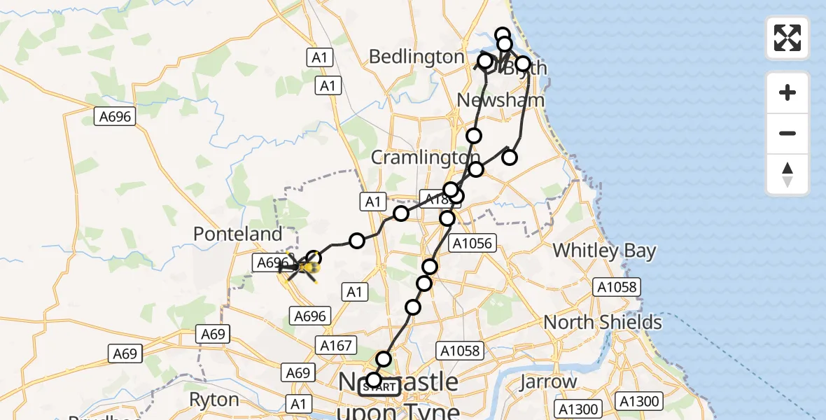 Flight route Police Helicopter Spital Tongues - Newcastle International Airport, 28 August 2026, 23:07