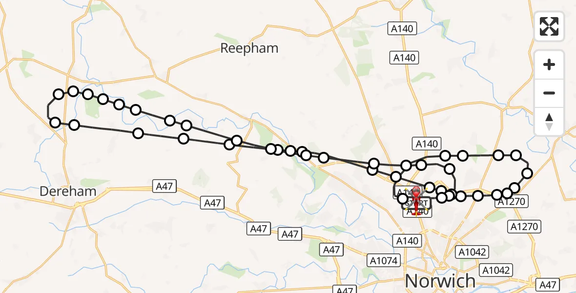 Flight route Air Ambulance Helicopter Norwich Airport - Norwich Airport, 28 August 2026, 23:44