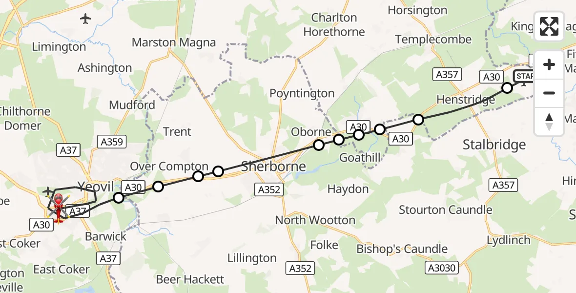 Flight route Air Ambulance Helicopter Henstridge Airfield - Yeovil, 29 August 2026, 00:10