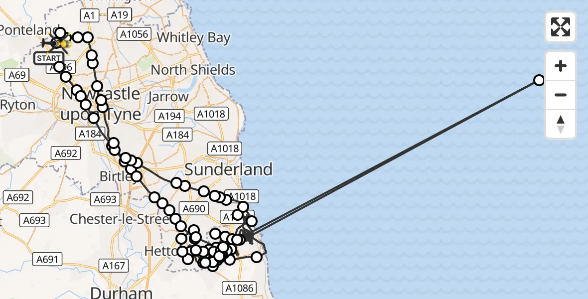 Flight route Police Helicopter Callerton - Newcastle International Airport, 29 August 2026, 00:50