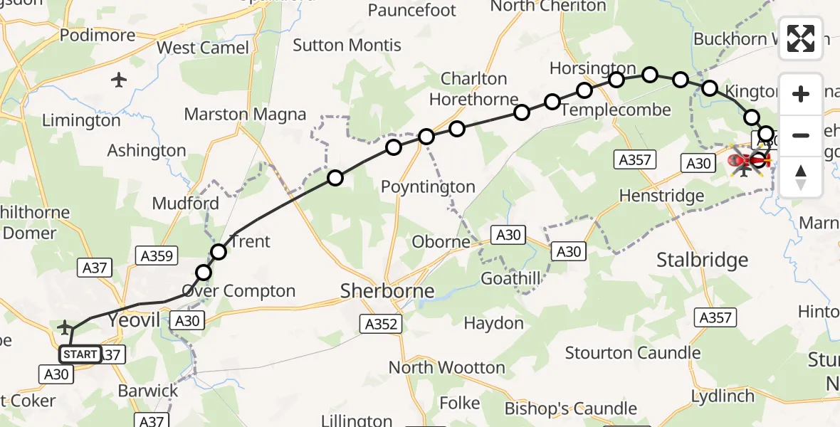 Flight route Air Ambulance Helicopter Yeovil - Henstridge Airfield, 29 August 2026, 01:13