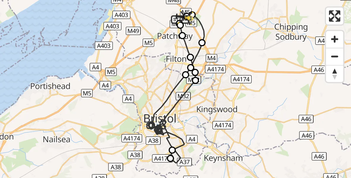 Flight route Police Helicopter Almondsbury Helicopter Base - Almondsbury Helicopter Base, 29 August 2026, 01:14