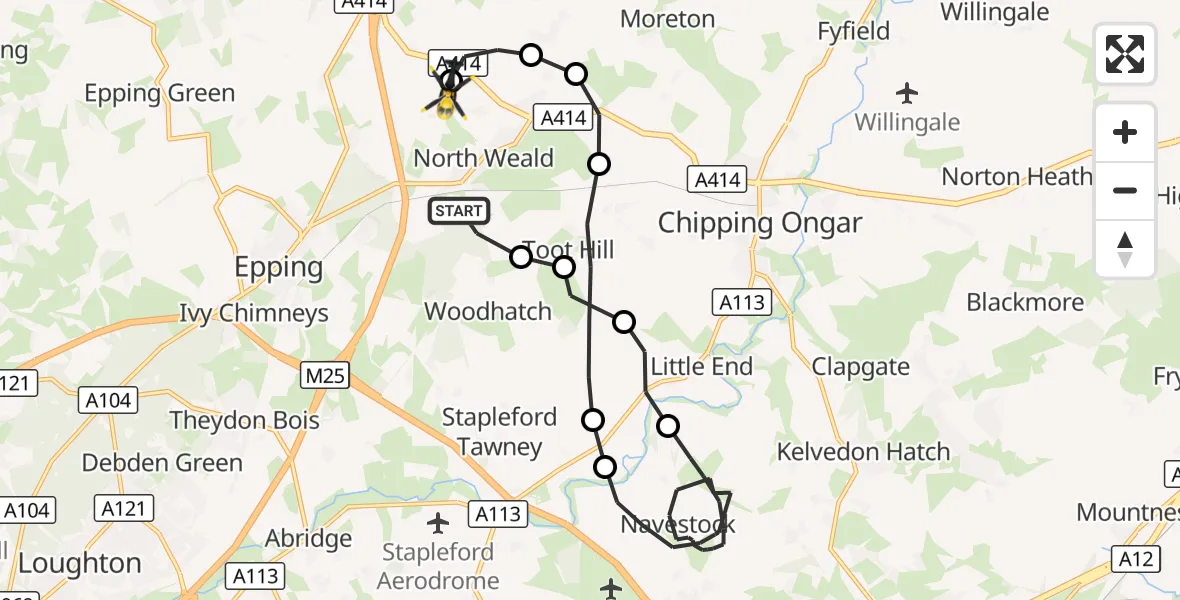 Flight route Police Helicopter Woodhatch - North Weald Airfield, 29 August 2026, 02:46