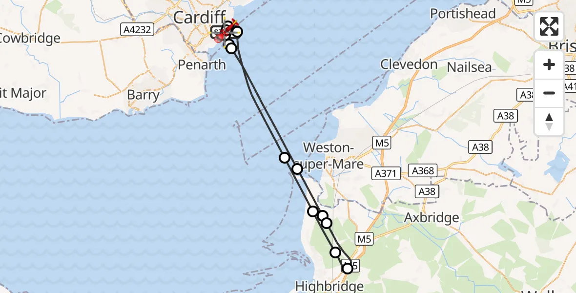 Flight route Air Ambulance Helicopter Cardiff Heliport - Cardiff Heliport, 29 August 2026, 04:44