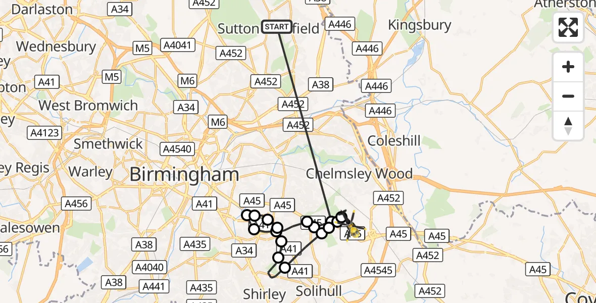 Flight route Police Helicopter Sutton Coldfield - Birmingham Airport, 29 August 2026, 05:00
