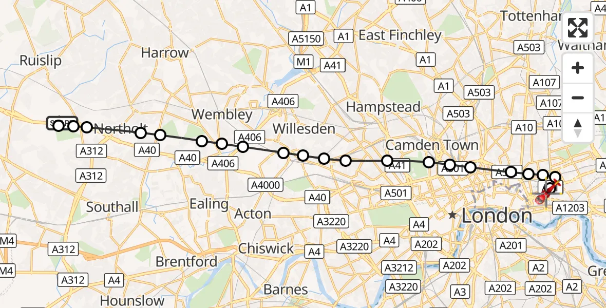 Flight route Air Ambulance Helicopter RAF Northolt - Royal London Hospital, 29 August 2026, 06:57