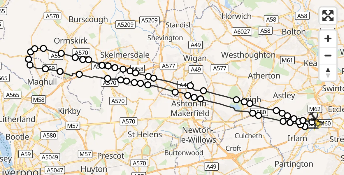 Flight route Police Helicopter Manchester Barton Aerodrome - Manchester Barton Aerodrome, 29 August 2026, 07:29