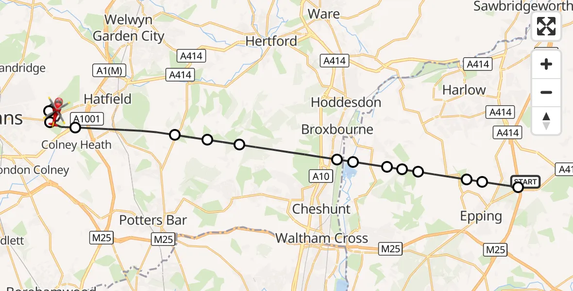 Flight route Air Ambulance Helicopter North Weald Airfield - Colney Heath, 29 August 2026, 08:26