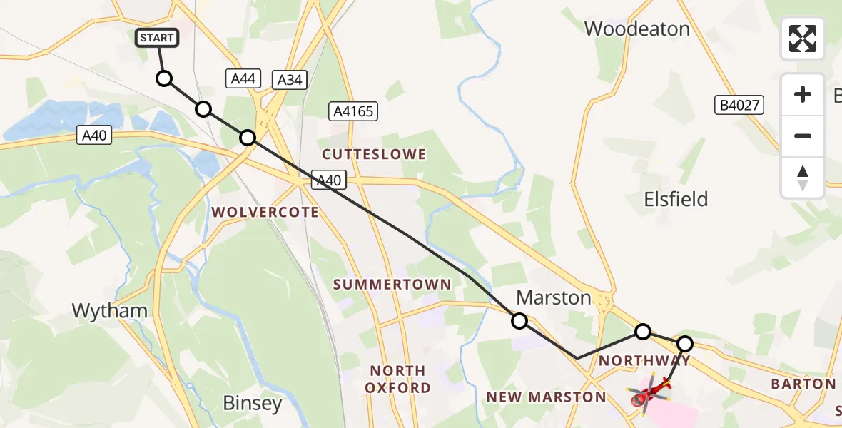 Flight route Air Ambulance Helicopter Yarnton - Oxford, 29 August 2026, 08:42