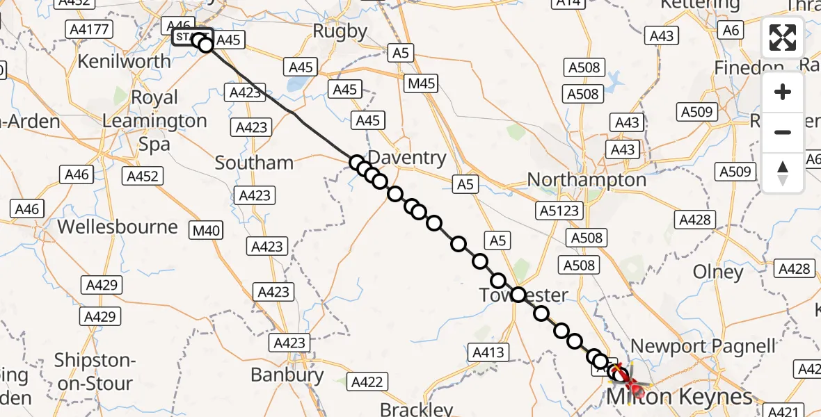Flight route Air Ambulance Helicopter Coventry Airport - Galley Hill, 29 August 2026, 08:43