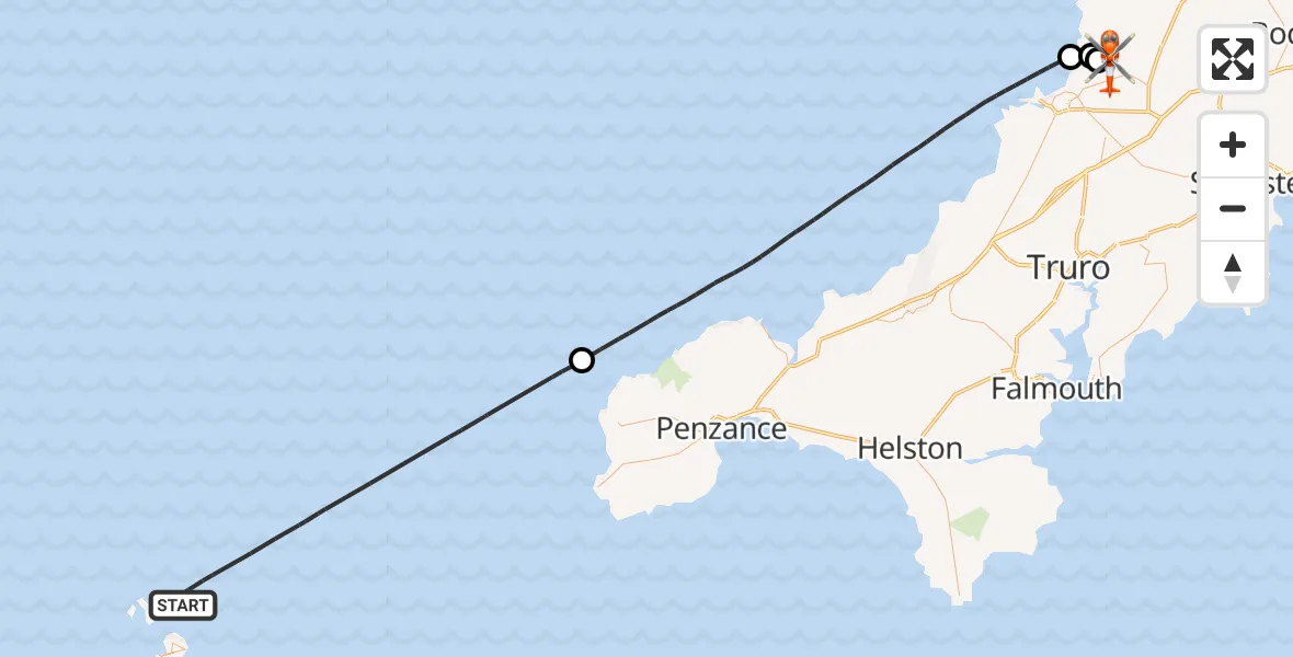 Flight route Coastguard Helicopter North Atlantic Ocean - Cornwall Airport Newquay, 29 August 2026, 09:07