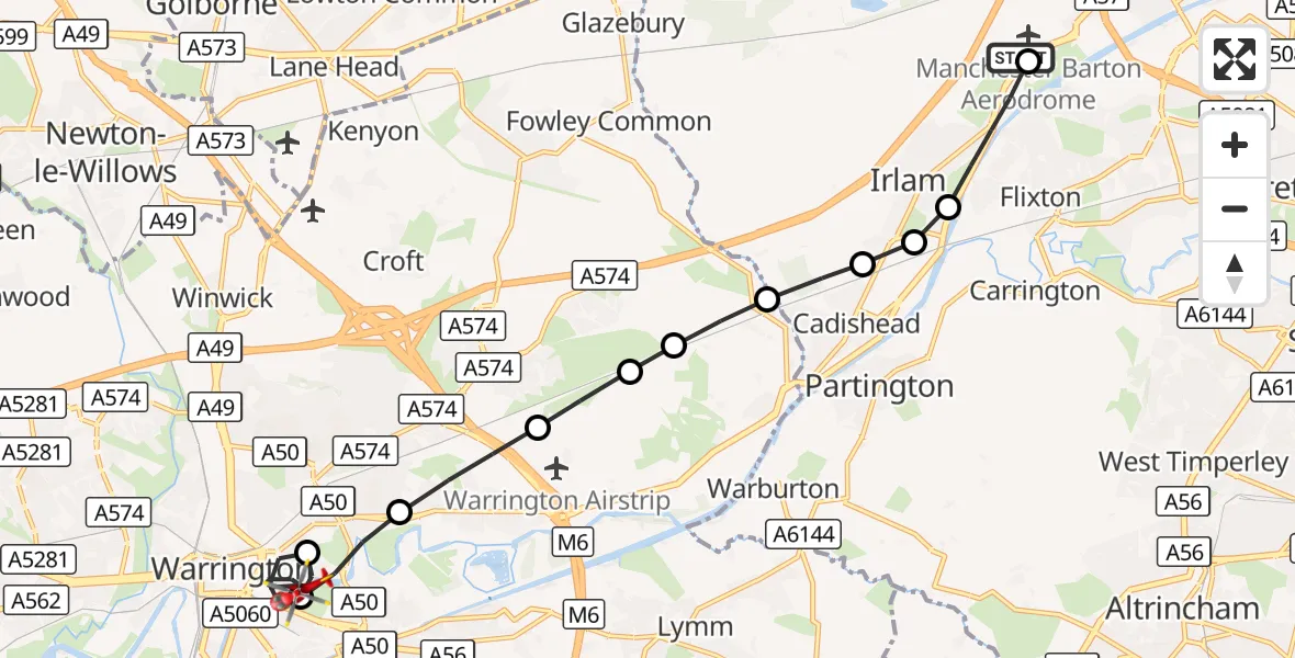 Flight route Air Ambulance Helicopter Manchester Barton Aerodrome - Warrington, 29 August 2026, 09:08
