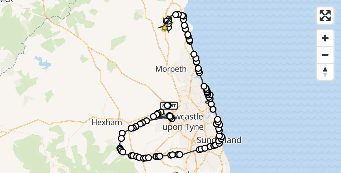 Flight route Police Helicopter Newcastle International Airport - Acklington, 29 August 2026, 09:18