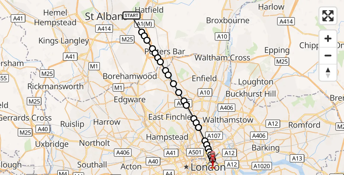 Flight route Air Ambulance Helicopter Colney Heath - Royal London Hospital, 29 August 2026, 09:24