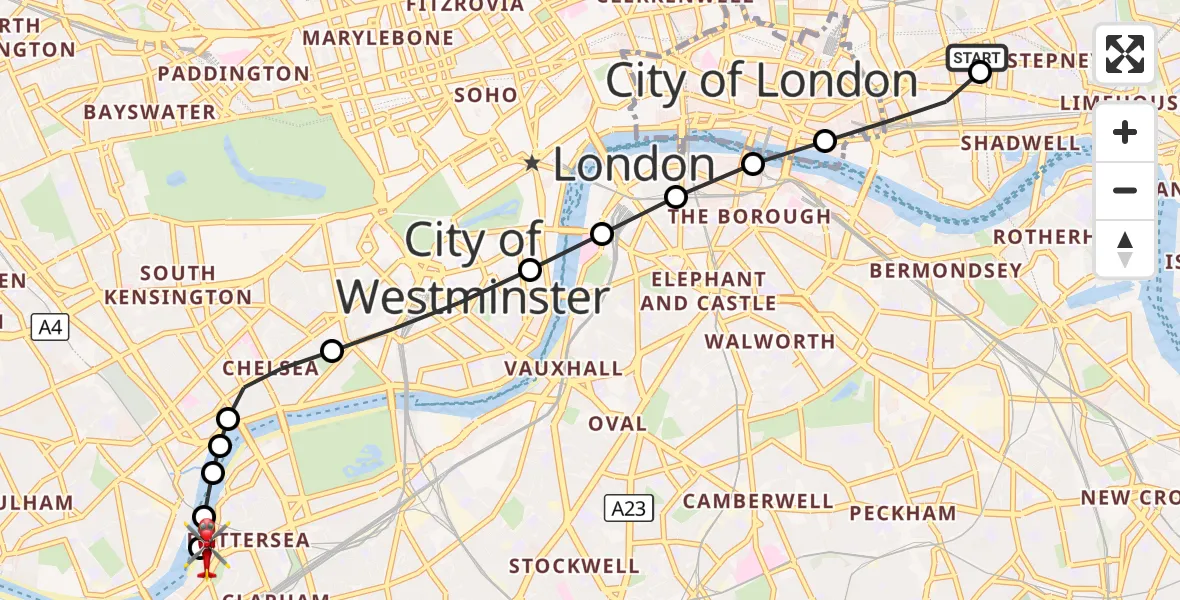 Flight route Air Ambulance Helicopter Royal London Hospital - London Heliport, 29 August 2026, 09:25