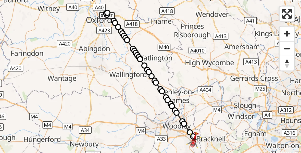 Flight route Air Ambulance Helicopter John Radcliffe Hospital - Wokingham, 29 August 2026, 09:35