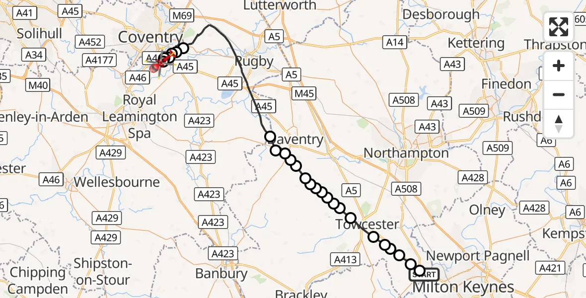 Flight route Air Ambulance Helicopter Calverton End - Coventry Airport, 29 August 2026, 09:41