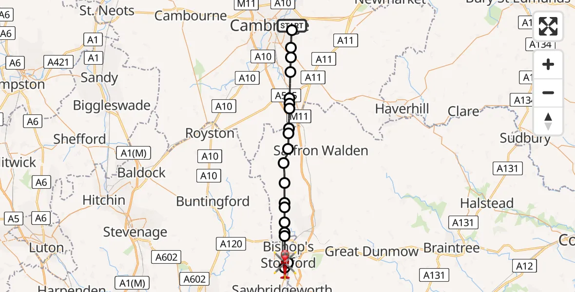 Flight route Air Ambulance Helicopter Cambridge City Airport - Bishop's Stortford, 29 August 2026, 09:58