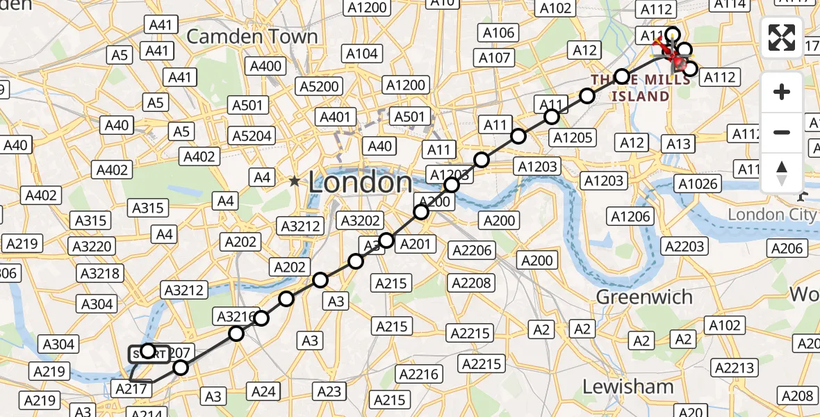 Flight route Air Ambulance Helicopter London Heliport - West Ham, 29 August 2026, 10:21