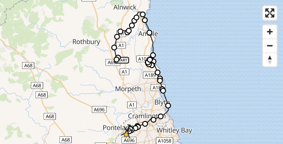 Flight route Police Helicopter Tritlington and West Chevington - Newcastle International Airport, 29 August 2026, 10:22