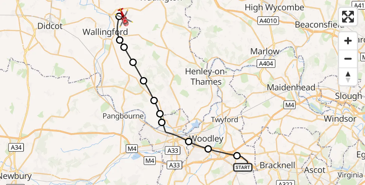 Flight route Air Ambulance Helicopter Wokingham - RAF Benson, 29 August 2026, 10:28