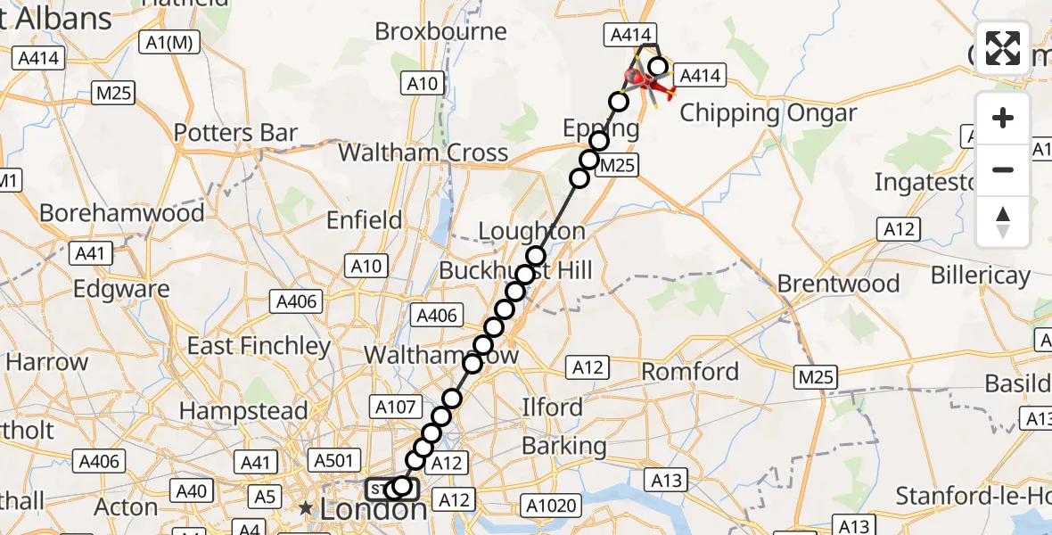 Flight route Air Ambulance Helicopter Royal London Hospital - North Weald Airfield, 29 August 2026, 10:41