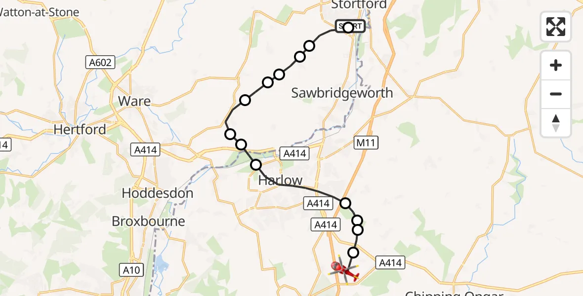 Flight route Air Ambulance Helicopter Bishop's Stortford - North Weald Airfield, 29 August 2026, 10:54