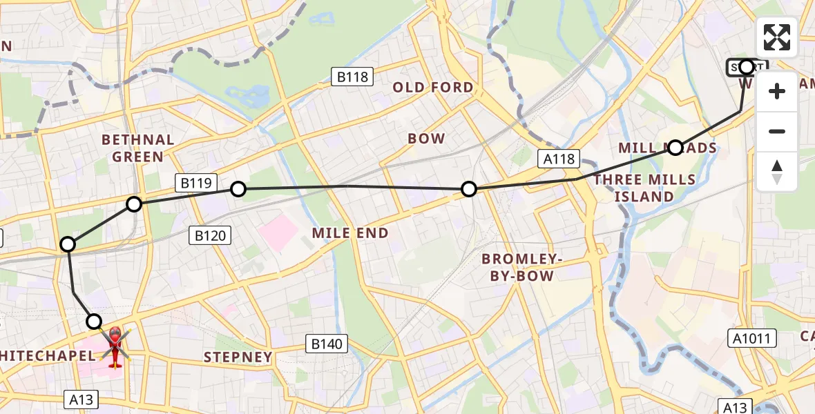 Flight route Air Ambulance Helicopter West Ham - Royal London Hospital, 29 August 2026, 11:02