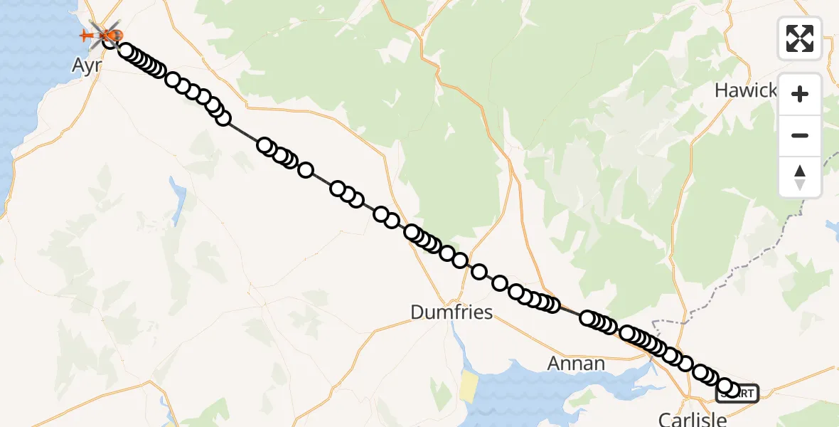 Flight route Coastguard Helicopter Carlisle Lake District Airport - Glasgow Prestwick Airport, 29 August 2026, 11:19