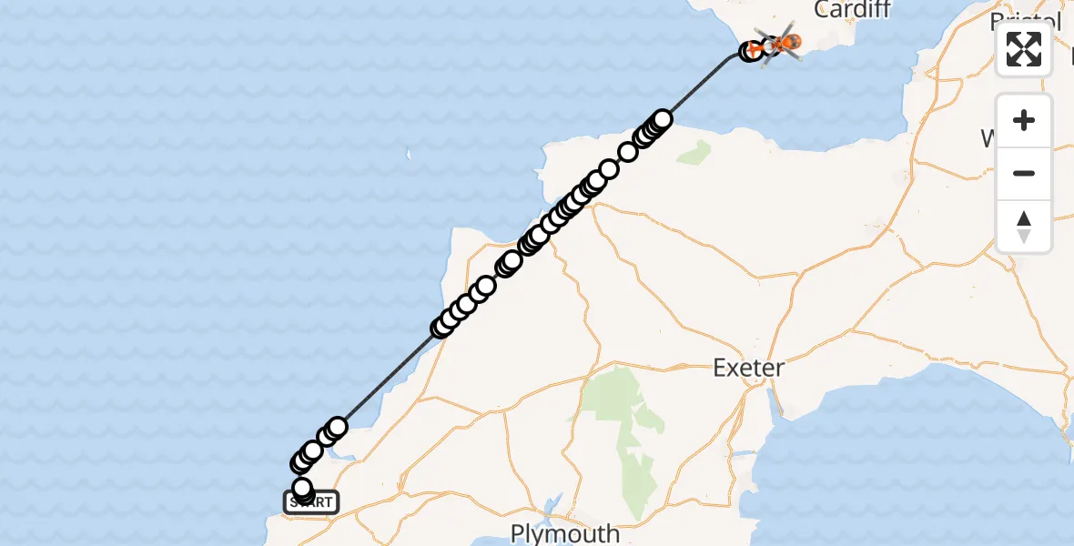 Flight route Coastguard Helicopter Cornwall Airport Newquay - MOD St Athan, 29 August 2026, 11:30