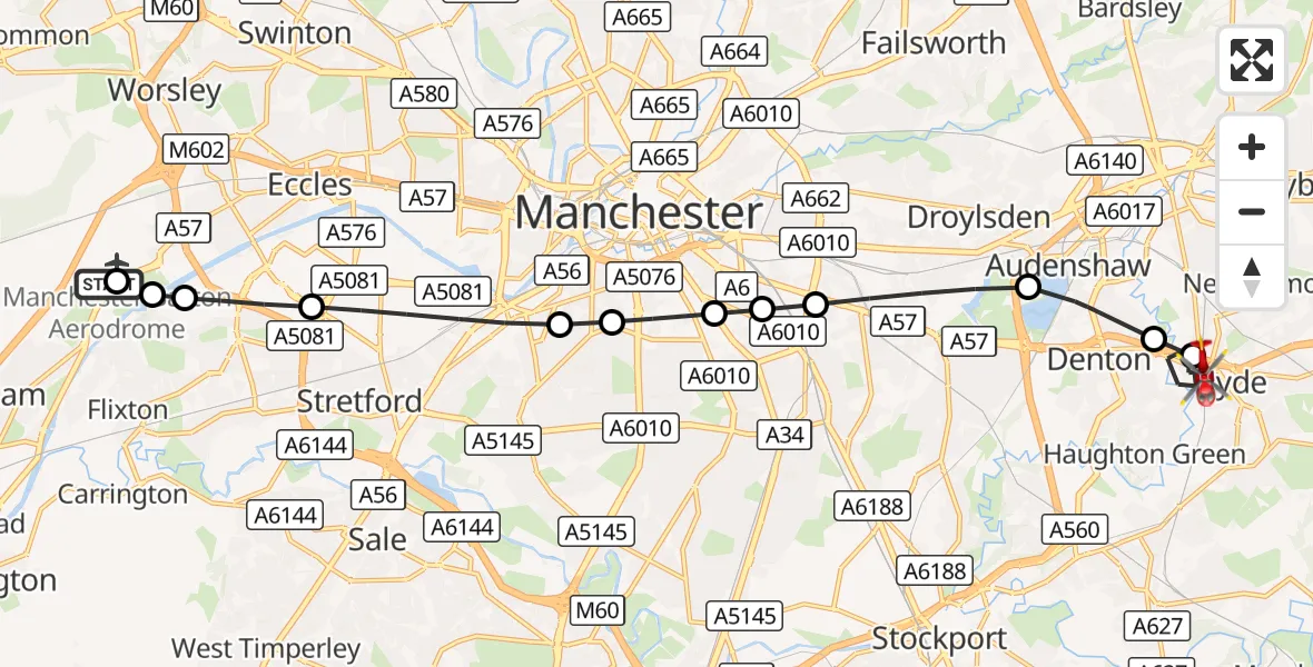 Flight route Air Ambulance Helicopter Manchester Barton Aerodrome - Hyde, 29 August 2026, 11:32