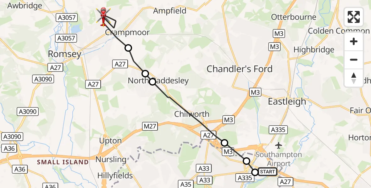 Flight route Air Ambulance Helicopter Southampton Airport - Romsey, 29 August 2026, 11:34