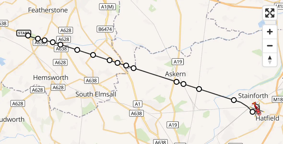 Flight route Air Ambulance Helicopter YAA Nostell Helicopter Port - Hatfield, 29 August 2026, 11:46