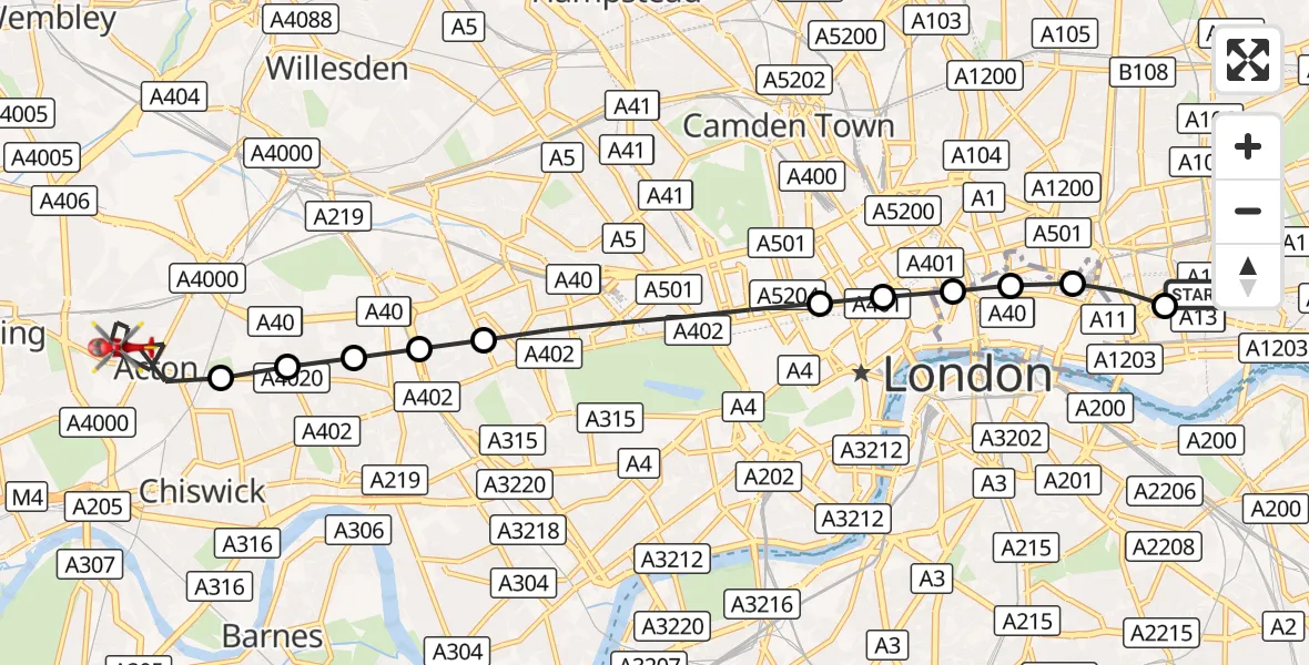Flight route Air Ambulance Helicopter Royal London Hospital - Ealing, 29 August 2026, 11:59