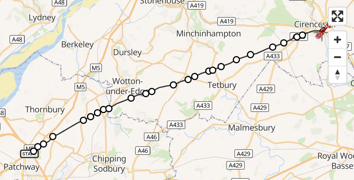 Flight route Air Ambulance Helicopter Almondsbury Helicopter Base - Cirencester, 29 August 2026, 12:17