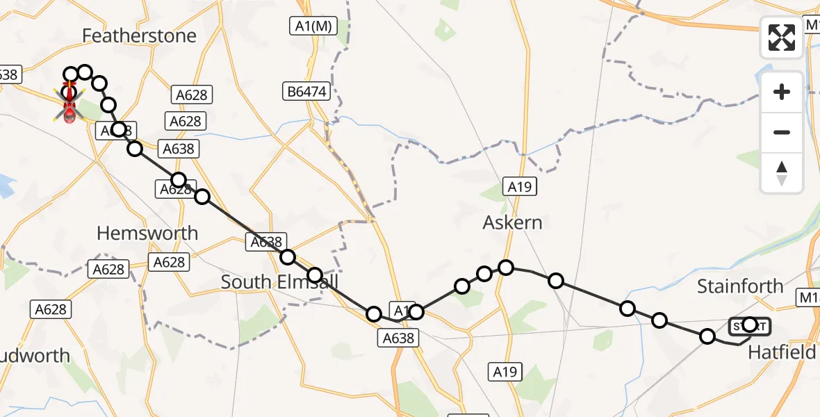 Flight route Air Ambulance Helicopter Hatfield - YAA Nostell Helicopter Port, 29 August 2026, 12:19