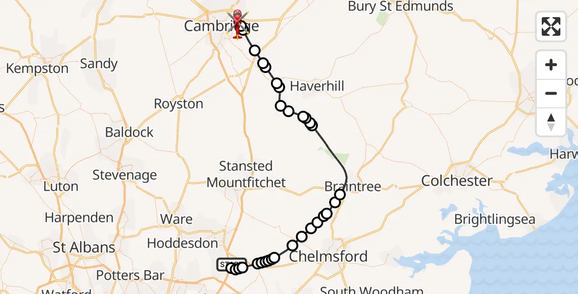 Flight route Air Ambulance Helicopter North Weald Airfield - Cambridge City Airport, 29 August 2026, 12:37